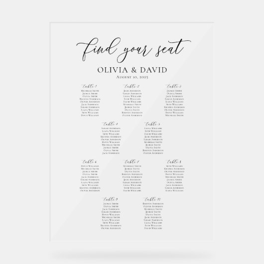Elegantes Script 10 Tabelle Seating Chart Akryllis Acrylschild (Vorderseite)