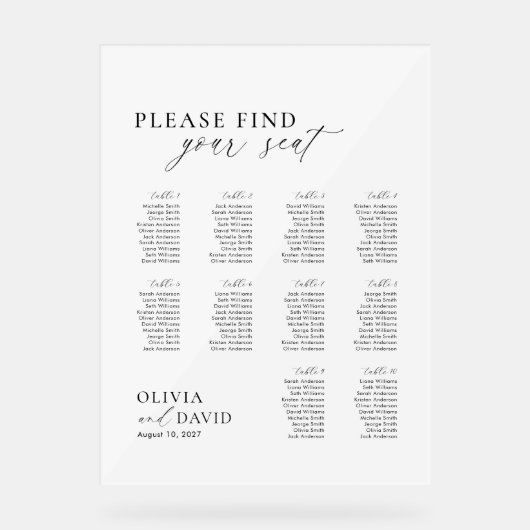 Elegantes Script 10 Tabelle Seating Chart Akryllis Acrylschild (Vorderseite)