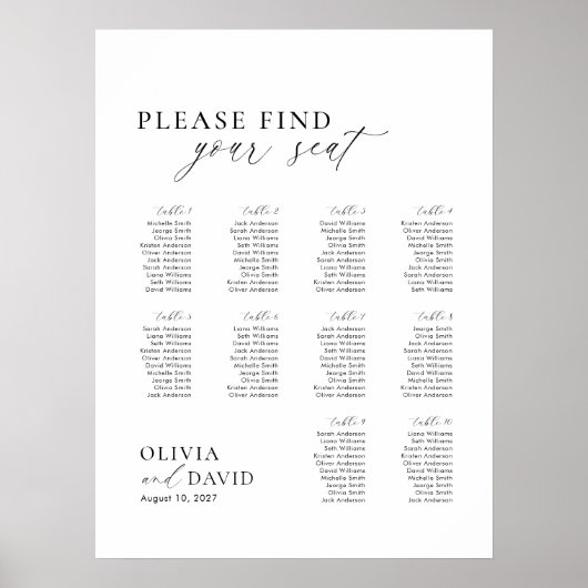 Elegantes Script 10 Tabelle Seating Chart Poster (Vorne)