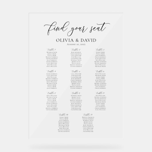 Elegantes Script 11 Tabelle Seating Chart Akryllis Acrylschild (Vorderseite)