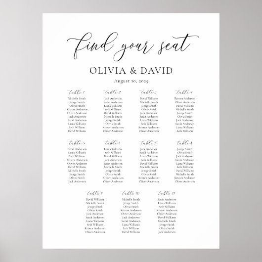 Elegantes Script 11 Tabelle Seating Chart Poster (Vorne)