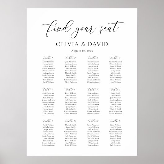 Elegantes Script 12 Tabelle Seating Chart Poster (Vorne)