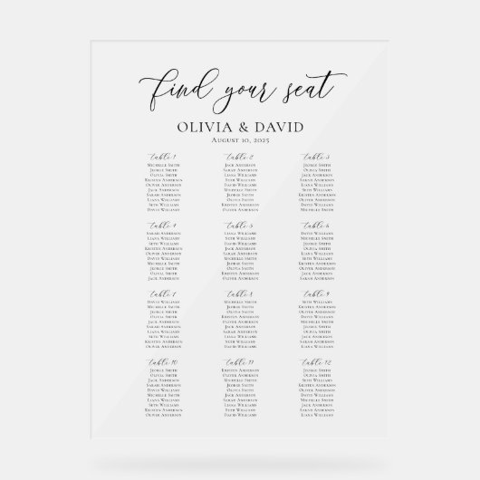 Elegantes Script 12 Table Seating Chart Akryllisch Acrylschild (Vorderseite)