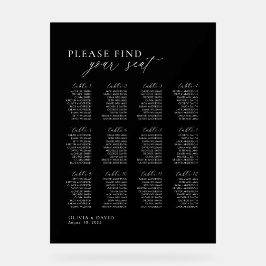 Elegantes Script 12 Table Seating Chart Akryllisch Acrylschild (Vorderseite)