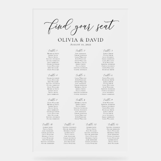 Elegantes Script 13 Table Seating Chart Akryllisch Acrylschild (Vorderseite)