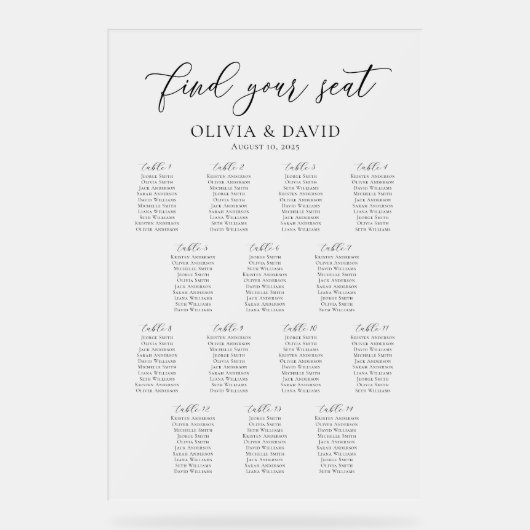 Elegantes Script 14 Table Seating Chart Akryllisch Acrylschild (Vorderseite)