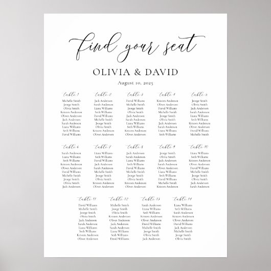 Elegantes Script 14 Table Seating Chart Poster (Vorne)