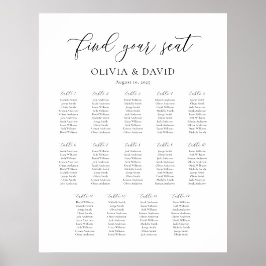 Elegantes Script 14 Table Seating Chart Poster (Vorne)