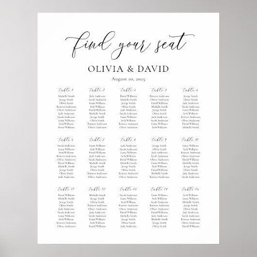 Elegantes Script 15 Tabelle Seating Chart Poster (Vorne)