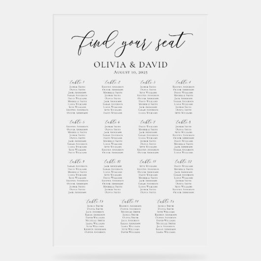 Elegantes Script 15 Table Seating Chart Akryllisch Acrylschild (Vorderseite)