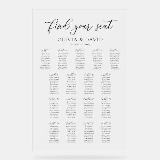 Elegantes Script 17 Table Seating Chart Akryllisch Acrylschild (Vorderseite)