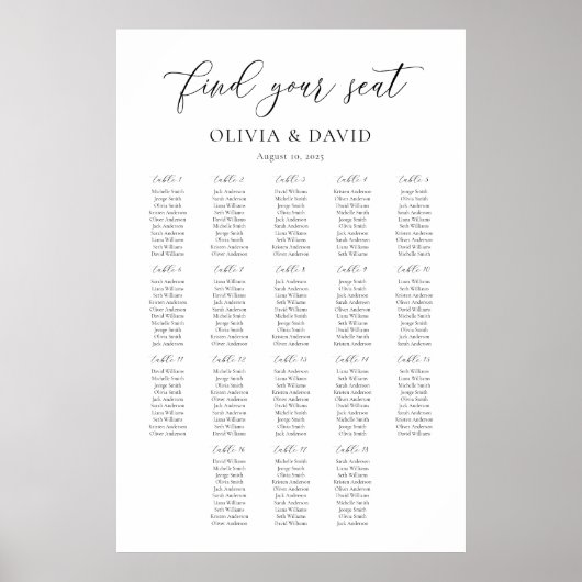 Elegantes Script 18 Tabellen Sitzdiagramm Poster (Vorne)
