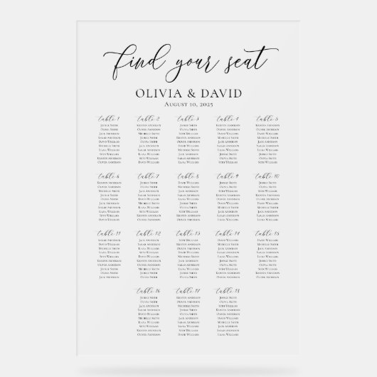 Elegantes Script 18 Table Seating Chart Acrylzeich Acrylschild (Vorderseite)