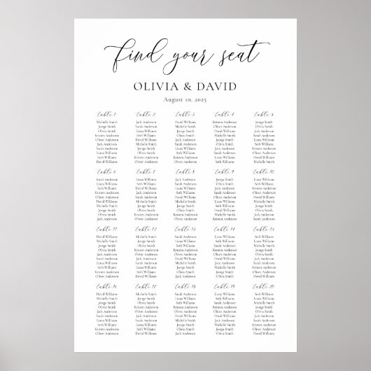 Elegantes Script 20 Table Seating Chart Poster (Vorne)