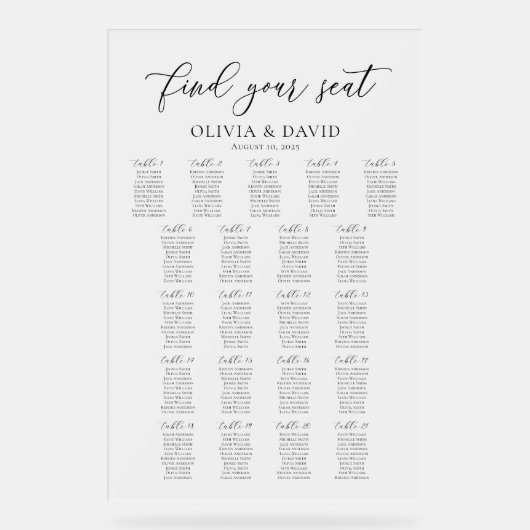 Elegantes Script 21 Tabelle Seating Chart Akryllis Acrylschild (Vorderseite)