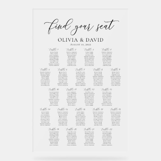 Elegantes Script 22 Tabelle Seating Chart Akryllis Acrylschild (Vorderseite)