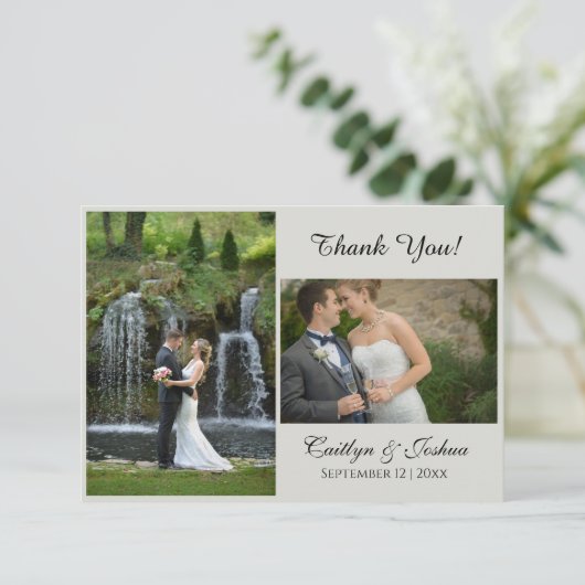 Elegantes Script 2 Foto Hochzeit Dankeschön Karte (Stehend Vorderseite)