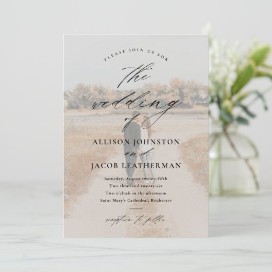 Elegantes Script 2 Foto Overlay Wedding Einladung (Stehend Vorderseite)