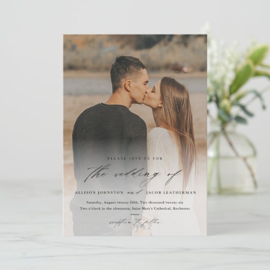 Elegantes Script 2 Foto Overlay Wedding Einladung (Stehend Vorderseite)