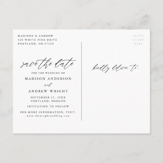 Elegantes Script 2 Foto Save the Date Ankündigungspostkarte (Rückseite)