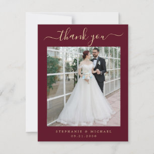 Elegantes Script 2 Foto Wedding Burgundy Gold Dankeskarte