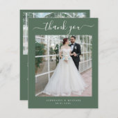 Elegantes Script 2 Foto Wedding Sage Green Dankeskarte (Vorne/Hinten)