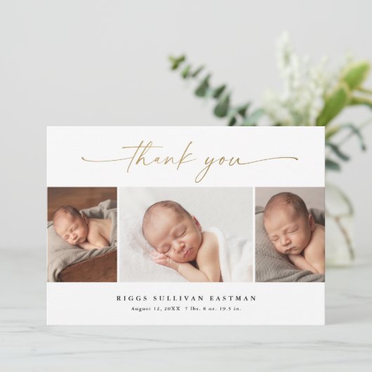 Elegantes Script 3 Foto Collage Baby Dankeskarte (Stehend Vorderseite)