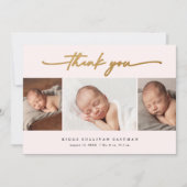 Elegantes Script 3 Foto Collage Baby Dankeskarte (Vorderseite)