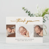 Elegantes Script 3 Foto Collage Baby Dankeskarte (Stehend Vorderseite)