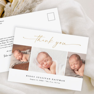 Elegantes Script 3 Foto Collage Baby Vielen Dank Postkarte