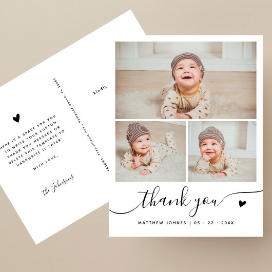 Elegantes Script 3 Foto Collage Danke Baby Postkarte