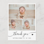 Elegantes Script 3 Foto Collage Danke Baby Postkarte (Vorderseite)