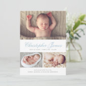 Elegantes Script 3 Foto Collage Geburtserklärung Ankündigung (Stehend Vorderseite)