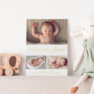 Elegantes Script 3 Foto Collage Geburtserklärung Folieneinladung