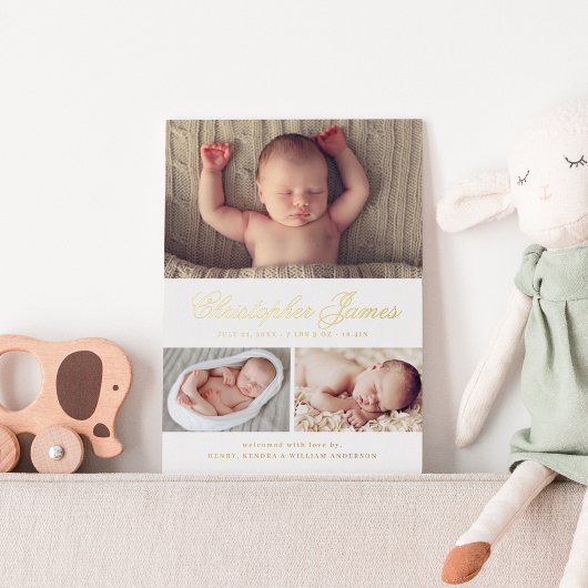 Elegantes Script 3 Foto Collage Geburtserklärung Folieneinladung