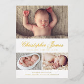 Elegantes Script 3 Foto Collage Geburtserklärung Folieneinladung (Vorderseite)