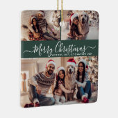 Elegantes Script 3 Foto Collage Grün Weihnachten Keramikornament (Rechts)