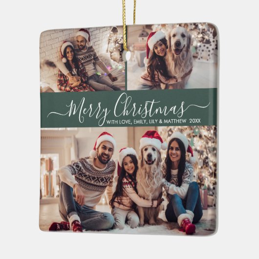 Elegantes Script 3 Foto Collage Grün Weihnachten Keramikornament (Links)