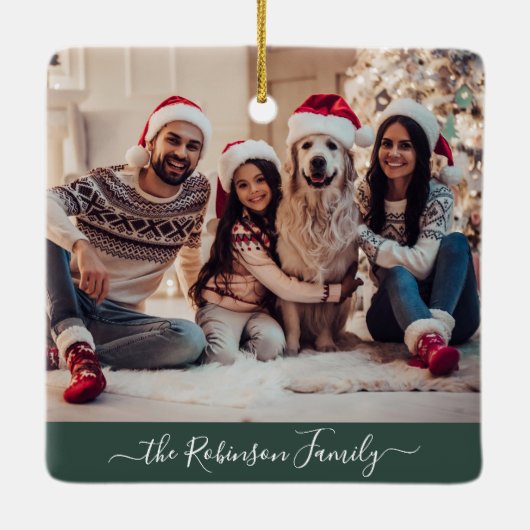 Elegantes Script 3 Foto Collage Grün Weihnachten Keramikornament (Rückseite)