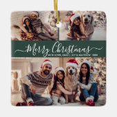 Elegantes Script 3 Foto Collage Grün Weihnachten Keramikornament (Vorderseite)