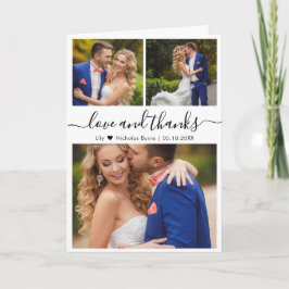 Elegantes Script 3 Foto Collage Heart Wedding Dankeskarte