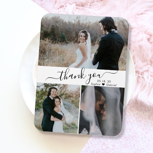 Elegantes Script 3 Foto Collage Wedding Vielen Dan Magnet