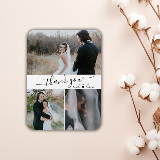 Elegantes Script 3 Foto Collage Wedding Vielen Dan Magnet