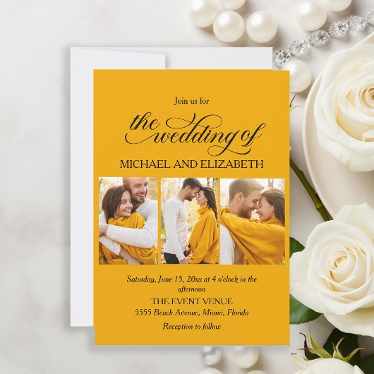 Elegantes Script 3 Foto Gelbe Hochzeit Einladung