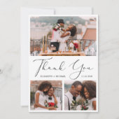 Elegantes Script 3 Foto Hochzeit Dankeskarte (Vorderseite)
