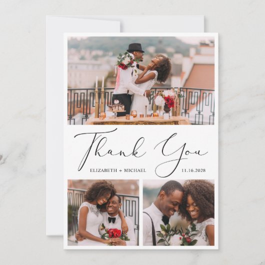Elegantes Script 3 Foto Hochzeit Dankeskarte (Vorderseite)