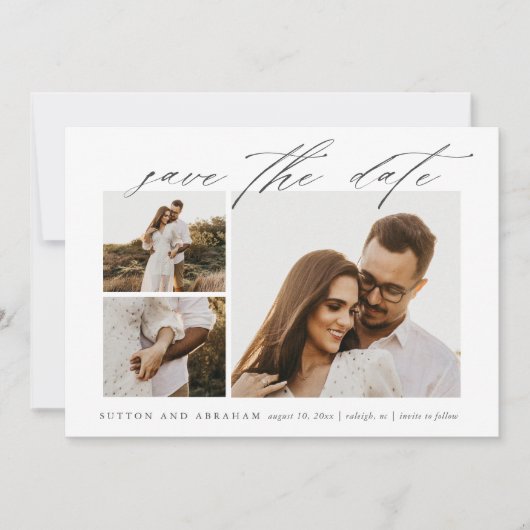 Elegantes Script 3 Foto Hochzeit Save The Date (Vorderseite)
