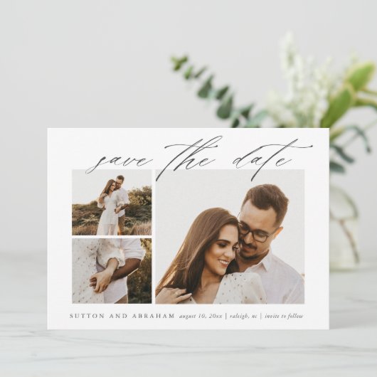 Elegantes Script 3 Foto Hochzeit Save The Date (Stehend Vorderseite)