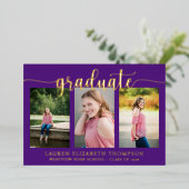 Elegantes Script 3 Foto Lila Abschluss Gold Folieneinladung (Stehend vorne)