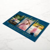 Elegantes Script 3 Foto Navy Blue Abschluss Gold Folieneinladung (Gedreht)